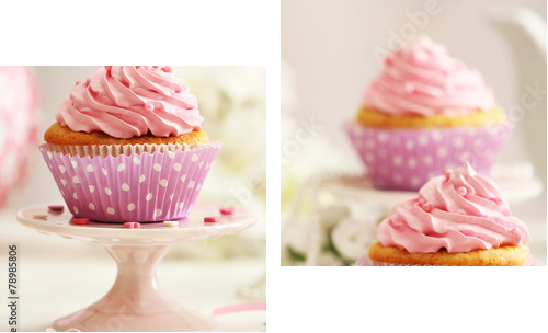 Delicious cupcakes on table on light background  - Zweiteiliges Leinwandbild, Diptychon