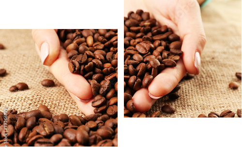 Female hands with coffee beans in shape of heart  - Zweiteiliges Leinwandbild, Diptychon