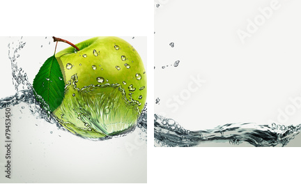 Green Apple amid splashing water.  - Zweiteiliges Leinwandbild, Diptychon