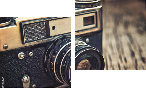 old vintage camera closeup on wooden background - Zweiteiliges Leinwandbild, Diptychon