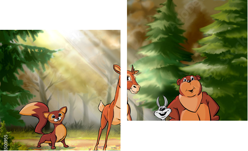 Forest animals are on the field - Zweiteiliges Leinwandbild, Diptychon