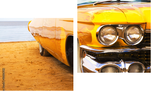 Classic yellow flame painted Cadillac at beach - Zweiteiliges Leinwandbild, Diptychon