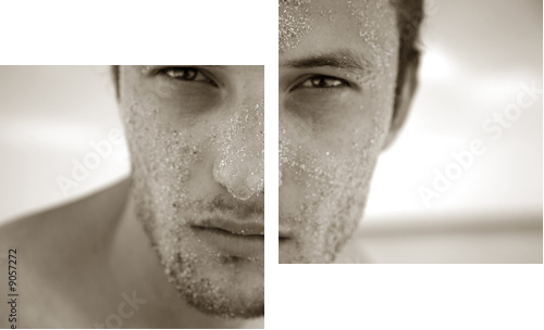 Portrait courageous man with sand on Face - Zweiteiliges Leinwandbild, Diptychon