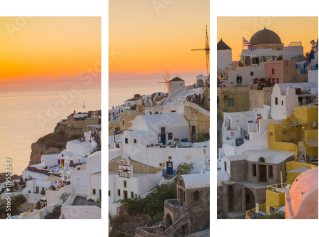 the beautiful sunset in Santorini Greece, sea, sunset, white Greek houses in the evening - Dreiteiliges Leinwandbild, Triptychon