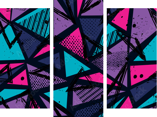 Abstract seamless pattern for girls, boys, clothes. Creative vector background with dots, geometric figures,stripes inscriptions.Funny wallpaper for textile and fabric. Fashion style. Colorful bright. - Dreiteiliges Leinwandbild, Triptychon