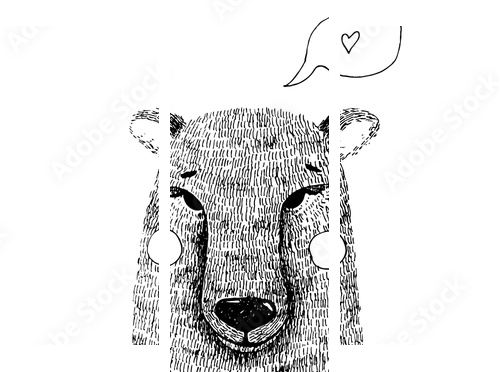 Hand drawn cute bear hand illustration. Ink sketch with wild animal - bear with bow tie, cheeks and speech bubble with heart - Dreiteiliges Leinwandbild, Triptychon