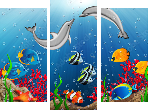 Underwater world with dolphins and tropical fishes - Dreiteiliges Leinwandbild, Triptychon