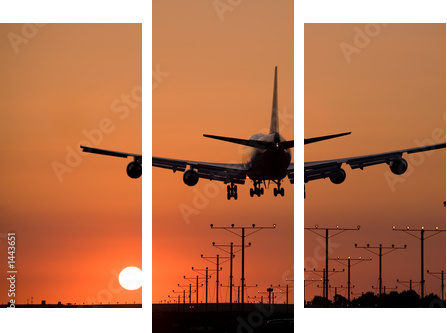 sunset jet landing 3 - Dreiteiliges Leinwandbild, Triptychon