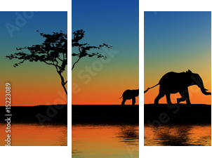 Rodzina słoni w promieniach słońca
 - Dreiteiliges Leinwandbild, Triptychon