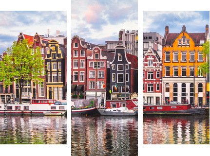 Amsterdam Netherlands dancing houses over river Amstel landmark - Dreiteiliges Leinwandbild, Triptychon