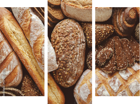 Bread background, top view of white, black and rye loaves - Dreiteiliges Leinwandbild, Triptychon
