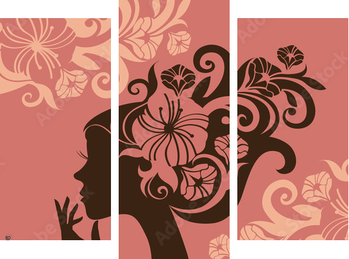 Beautiful woman silhouette with a flowers - Dreiteiliges Leinwandbild, Triptychon
