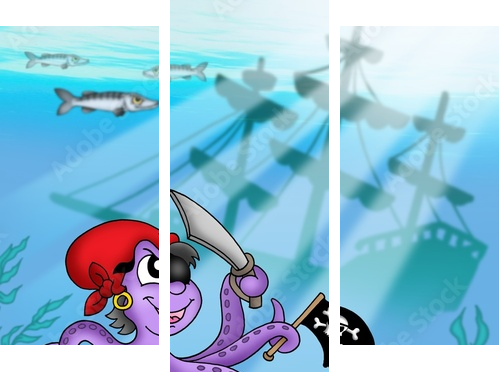 Pirate octopus near ship underwater - Dreiteiliges Leinwandbild, Triptychon