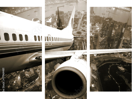 the airplane take off from the city night - Dreiteiliges Leinwandbild, Triptychon
