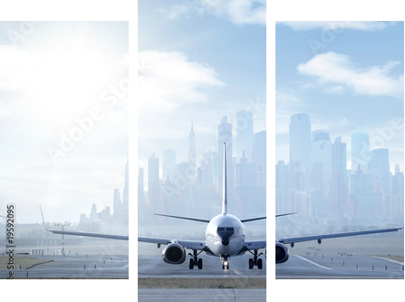 Big aircraft on runway in big city - Dreiteiliges Leinwandbild, Triptychon