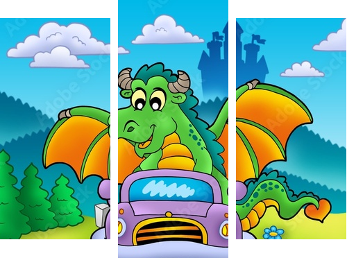 Green dragon driving car - Dreiteiliges Leinwandbild, Triptychon