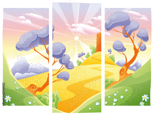 Landscape with tower. Funny cartoon and vector illustration. - Dreiteiliges Leinwandbild, Triptychon