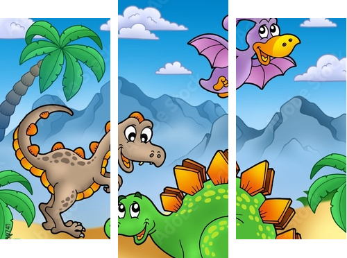 Landscape with dinosaurs 2 - Dreiteiliges Leinwandbild, Triptychon