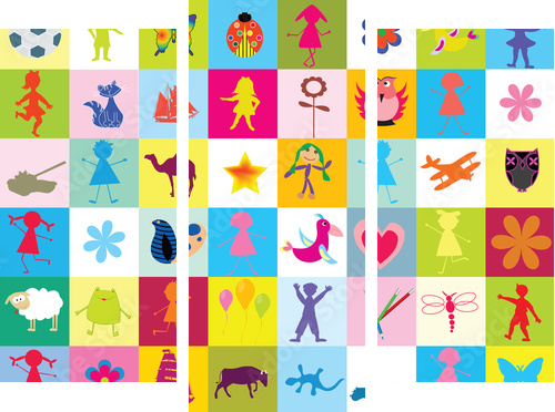 Pattern with toys and kids for kindergarten - Dreiteiliges Leinwandbild, Triptychon