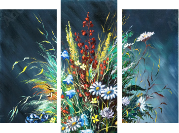 Bouquet of wild flowers in a vase - Dreiteiliges Leinwandbild, Triptychon