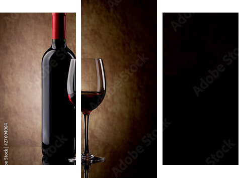 bottle with red wine and glass and grapes - Dreiteiliges Leinwandbild, Triptychon