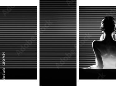 black and white back view artistic nude, on striped background - Dreiteiliges Leinwandbild, Triptychon