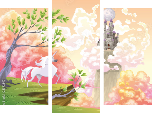 Unicorn and mythological landscape Vector illustration - Dreiteiliges Leinwandbild, Triptychon