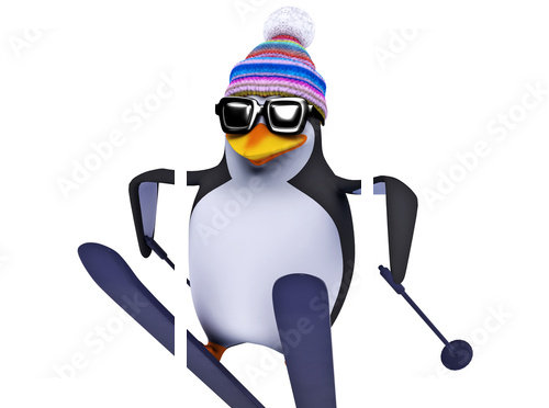 3d Penguin skiing like a pro - Dreiteiliges Leinwandbild, Triptychon