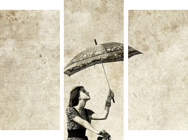 Girl with umbrella on bike Photo in old image style - Dreiteiliges Leinwandbild, Triptychon