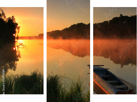 Boat on the shore of a misty lake - Dreiteiliges Leinwandbild, Triptychon