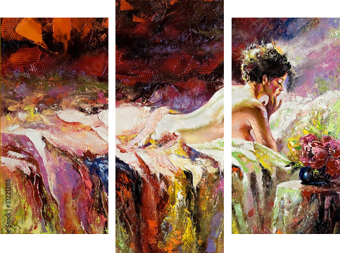 The naked girl laying on a bed - Dreiteiliges Leinwandbild, Triptychon