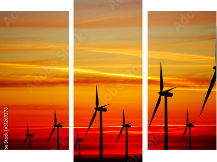 Wind turbines farm at sunset - Dreiteiliges Leinwandbild, Triptychon