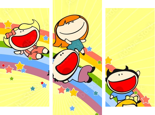 Kids sliding on a rainbow - Dreiteiliges Leinwandbild, Triptychon