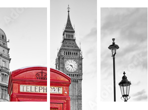 Red phone booth in London with the Big Ben in black and white - Dreiteiliges Leinwandbild, Triptychon