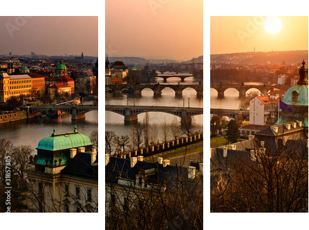 Panoramic view on Charles bridge and sunset Prague lights - Dreiteiliges Leinwandbild, Triptychon