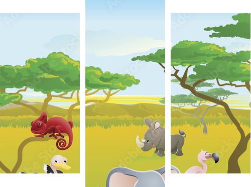 Cute African safari animal cartoon scene - Dreiteiliges Leinwandbild, Triptychon