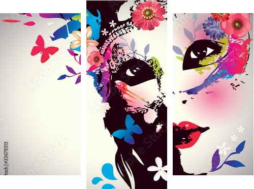 Girl with mask/Vector illustration - Dreiteiliges Leinwandbild, Triptychon