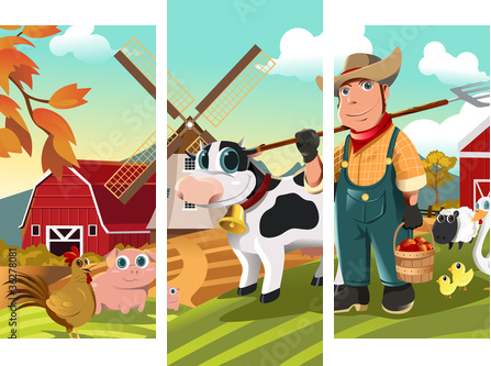 Farmer at the farm with animals - Dreiteiliges Leinwandbild, Triptychon