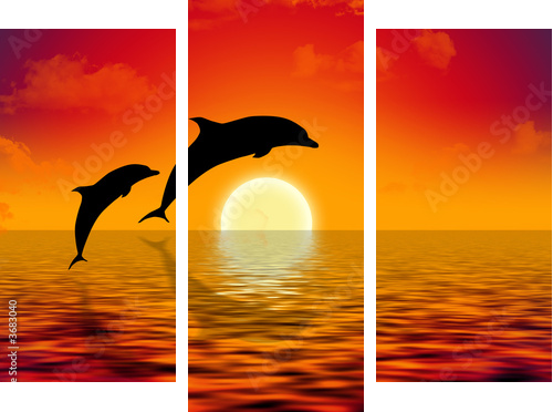 illustration of two dolphins swimming in sunset - Dreiteiliges Leinwandbild, Triptychon
