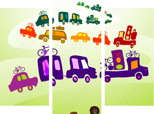 cars caravan, Group of kids playing in a landscape - Dreiteiliges Leinwandbild, Triptychon