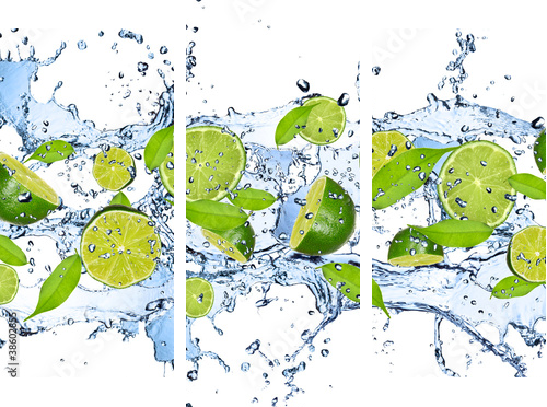 Fresh limes in water splash,isolated on white background - Dreiteiliges Leinwandbild, Triptychon