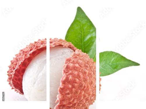 Lychee with leaves on a white background. - Dreiteiliges Leinwandbild, Triptychon