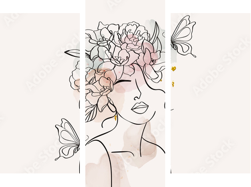 Women and flowers line art. Girl with flowers and leaves one line vector drawing. Portrait continuous line art drawing for prints, tattoos, cosmetics, fashion, Beauty salon and wall home decoration. - Dreiteiliges Leinwandbild, Triptychon