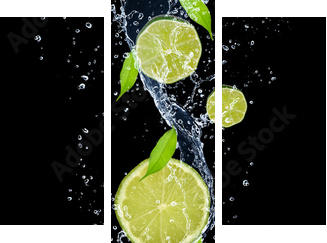 Limes in water splash, isolated on black background - Dreiteiliges Leinwandbild, Triptychon