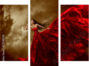 Woman in red waving beautiful dress with flying fabric  - Dreiteiliges Leinwandbild, Triptychon