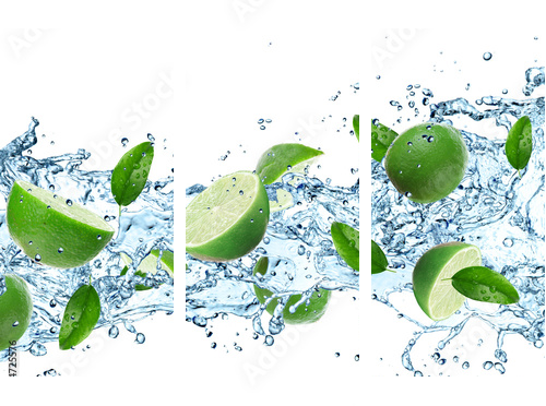 Limes and Splashing water over white - Dreiteiliges Leinwandbild, Triptychon