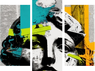 modern collage of antique statue with news paper style parts, and colored paint strokes, AI generated - Dreiteiliges Leinwandbild, Triptychon
