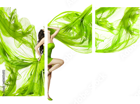 Woman dancing in green dress, fluttering waving fabric  - Dreiteiliges Leinwandbild, Triptychon
