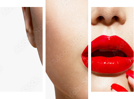 Red Sexy Lips and Nails closeup. Manicure and Makeup - Dreiteiliges Leinwandbild, Triptychon