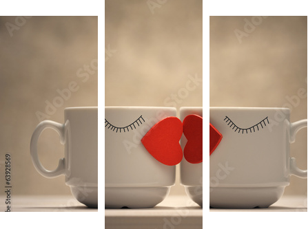 Two coffee cups with red hearts as a kissing lips  - Dreiteiliges Leinwandbild, Triptychon